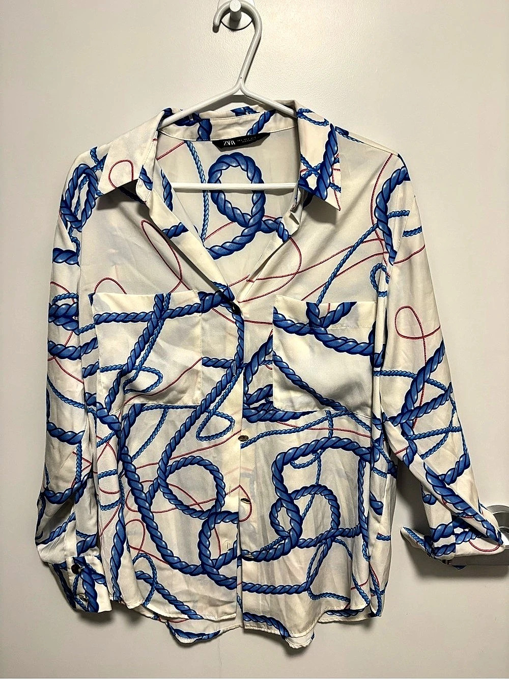 Zara Rope Print Button Down Blouse in White & Blue Like New